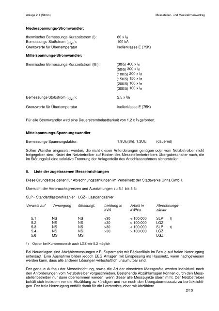 MRV Anlage 2.1 Technische ... - Stadtwerke Unna