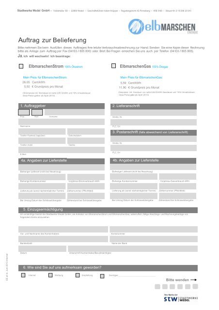 Auftragsformular ... - Stadtwerke Wedel
