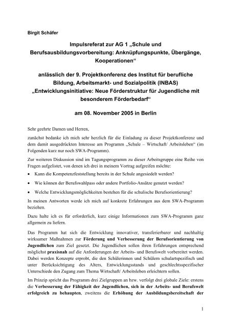 Impulsreferat zur AG 1 - Das Programm "Schule - Wirtschaft ...