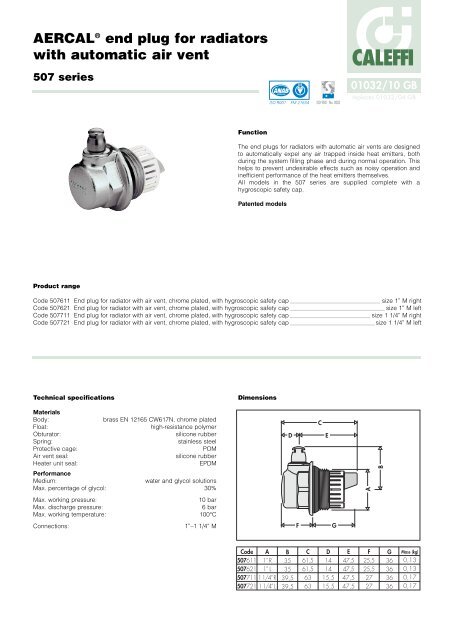 AERCAL® end plug for radiators with automatic air vent - Caleffi