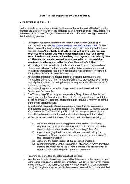 Uws Timetabling And Room Booking Policy Swansea University