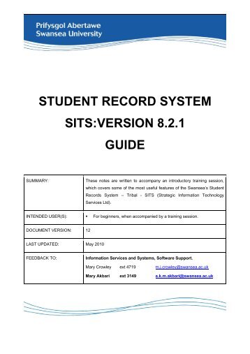 student record system sits:version 8.2.1 guide - Swansea University