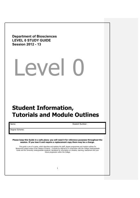 Level 0 Study Guide 2012-13 Biosciencex - Swansea University