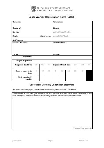 Laser Worker Registration Form (LWRF) - Swansea University