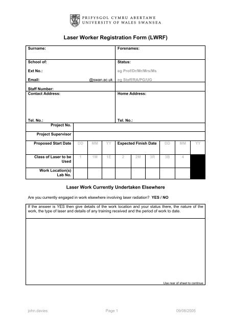 Laser Worker Registration Form (LWRF) - Swansea University