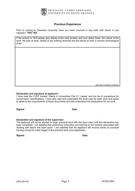 Laser Worker Registration Form (LWRF) - Swansea University