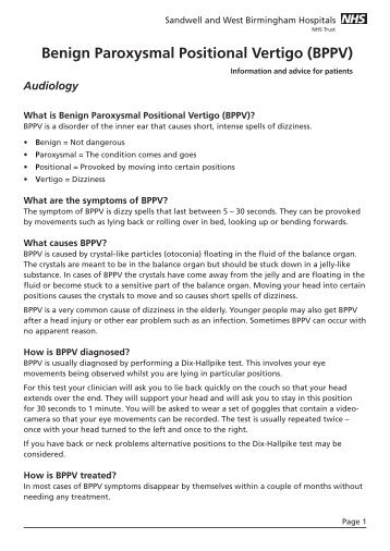 Benign Paroxysmal Positional Vertigo (BPPV) - Sandwell & West ...