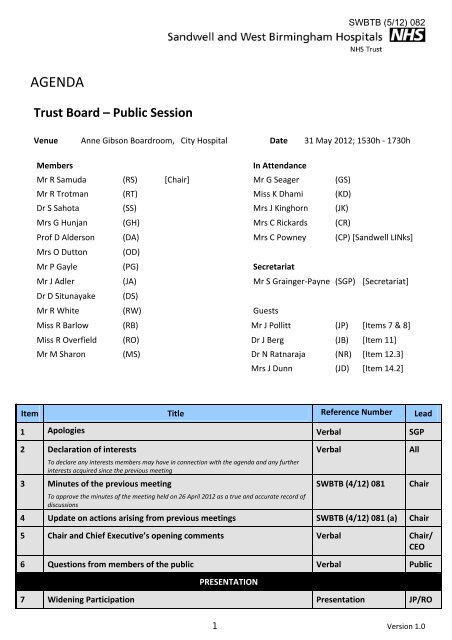 Trust Board papers â€“ May 2012 - Sandwell &amp; West Birmingham ...