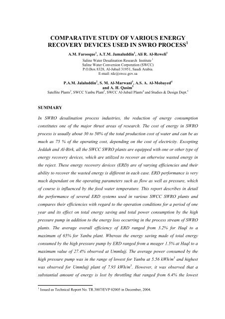 comparative study of various energy recovery devices used in swro ...