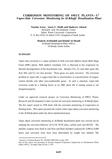 CORROSION MONITORING OF SWCC PLANTS - I:1 Vapor-Side ...