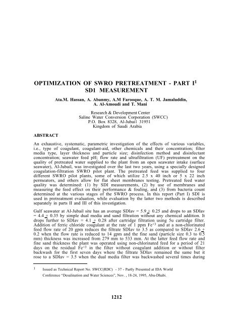 OPTIMIZATION OF SWRO PRETREATMENT - PART I1 SD1 ...