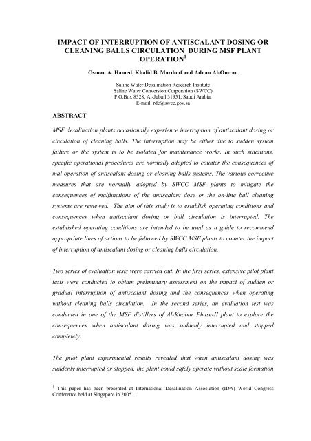 impact of interruption of antiscalant dosing or cleaning balls ...