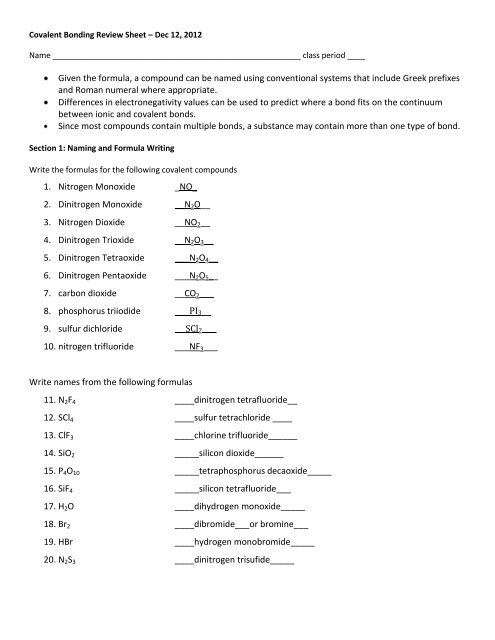 Covalent Bonding Review Sheet 2012 ANSWER KEY pdf