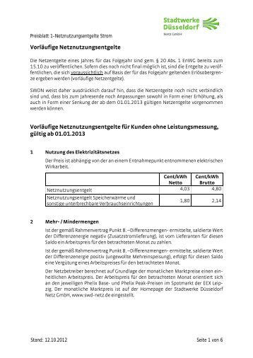 Preisblatt Netzentgelte - Stadtwerke DÃ¼sseldorf Netz GmbH