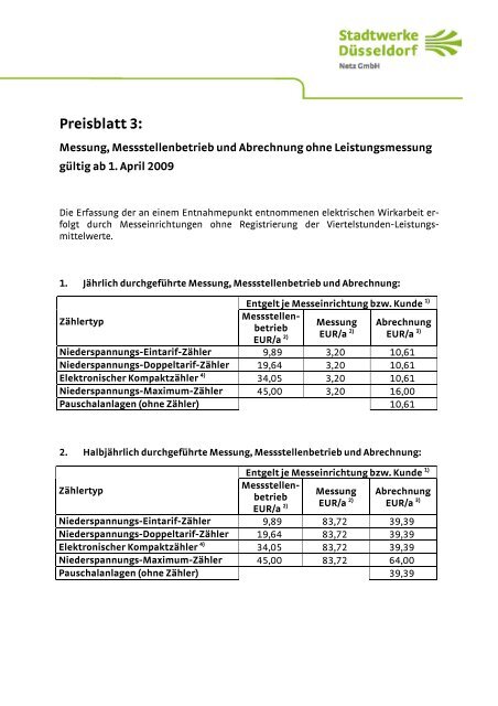 Preisblatt ohne Leistungsmessung ab 1.April 2009 - Stadtwerke ...