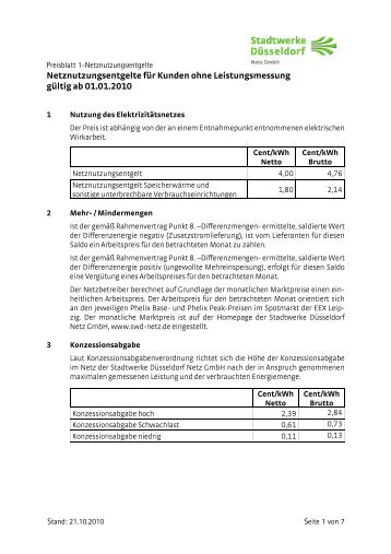 Preisblatt ab 1.Januar 2010 - Stadtwerke DÃ¼sseldorf Netz GmbH