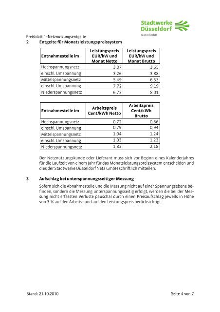 Preisblatt ab 1.Januar 2010 - Stadtwerke DÃ¼sseldorf Netz GmbH