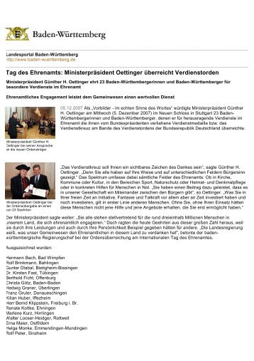 Tag des Ehrenamts: MinisterprÃ¤sident Oettinger Ã¼berreicht ...