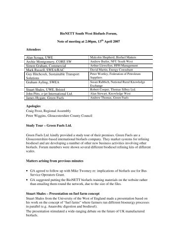 BioNETT South West Biofuels Forum, Note of meeting at 2.00pm ...