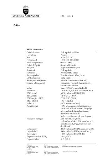 Landfakta Kina mars 2011 (pdf 200 kB) - Regeringen