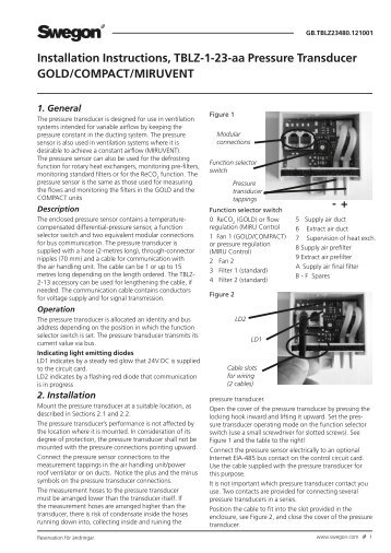 Installation Instructions, TBLZ-1-23-aa Pressure ... - Swegon