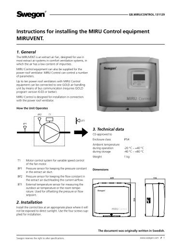 Instructions for installing the MIRU Control equipment ... - Swegon