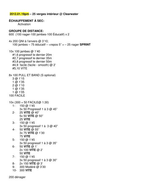 Cahier d'entraînement - Swimming Canada