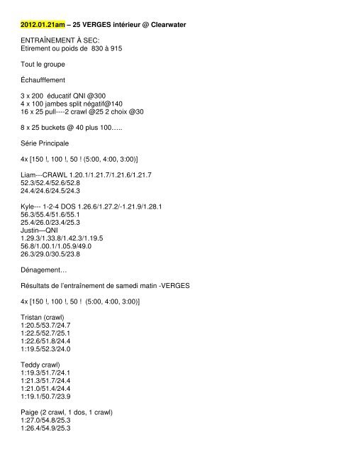 Cahier d'entraînement - Swimming Canada