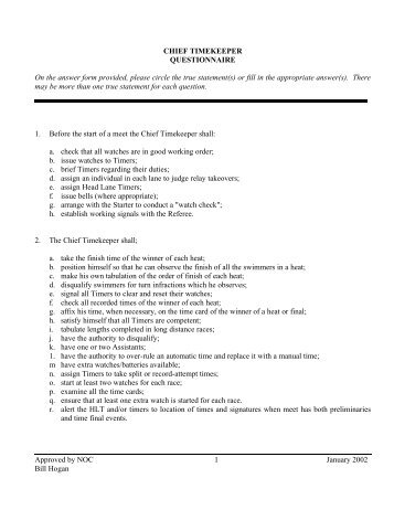 CHIEF TIMEKEEPER QUESTIONAIRE