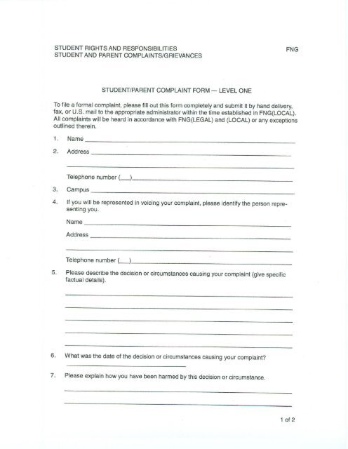 Student/Parent Complaint Form