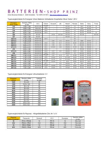 Typenvergleichsliste für Uhr-Batterien usw. PDF - Batterien-Shop Prinz