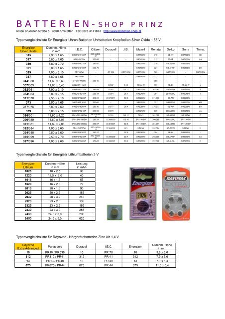 Typenvergleichsliste für Uhr-Batterien usw. PDF - Batterien-Shop Prinz