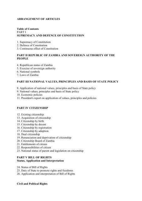 ARRANGEMENT OF ARTICLES Table of Contents PART I ...