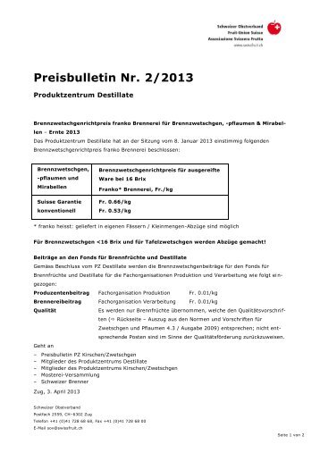 Preisbulletin Brennzwetschgen 2013 - Schweizer Obstverband