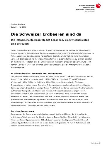 Die Schweizer Erdbeeren sind da - Schweizer Obstverband