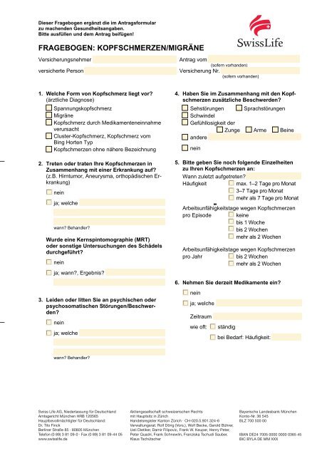 FRAGEBOGEN: KOPFSCHMERZEN/MIGRÃ„NE - Swiss Life