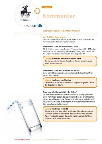 Unterrichtseinstiege in die Milch-Werkstatt - Swissmilk