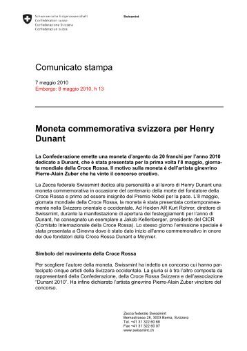 Moneta commemorativa svizzera per Henry Dunant - Swissmint