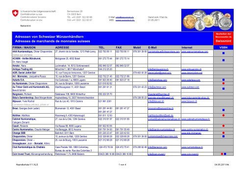 Adressen von Schweizer Münzenhändlern Adresses de ... - Swissmint