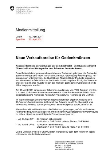 Neue Verkaufspreise für Gedenkmünzen, 19.04.2011 ... - Swissmint