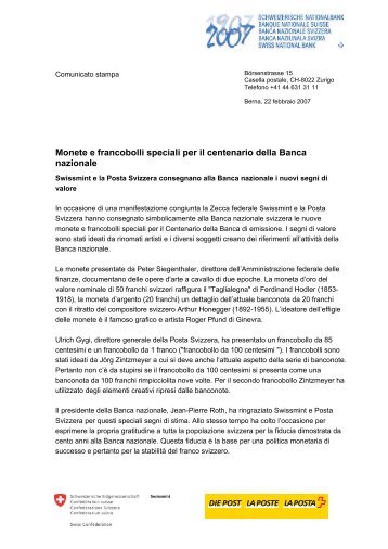 Monete e francobolli speciali per il centenario della ... - Swissmint