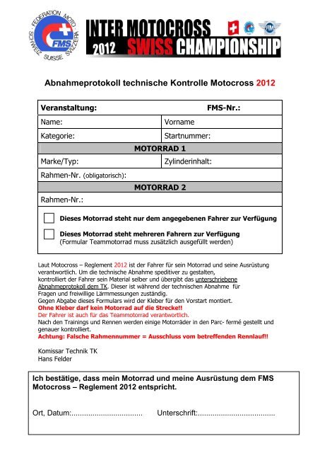 Abnahmeprotokoll technische Kontrolle Motocross 2012 - FMS