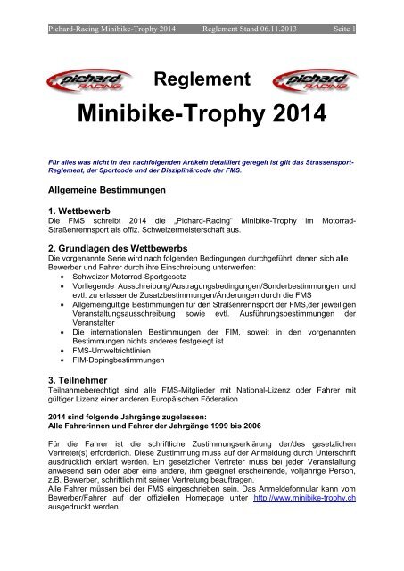 Reglement Pichard Racing Minibike-Trophy 2014 - FMS