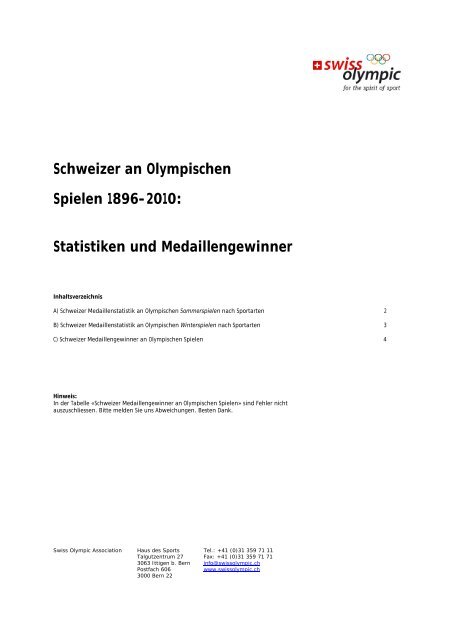 Schweizer an Olympischen Spielen 1896-2010 ... - Swiss Olympic