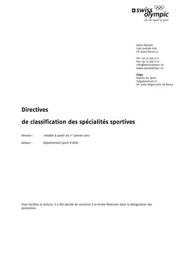 Directives de classification des spÃ©cialitÃ©s sportives - Swiss Olympic
