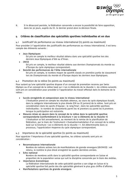 Directives de classification des spÃ©cialitÃ©s sportives - Swiss Olympic