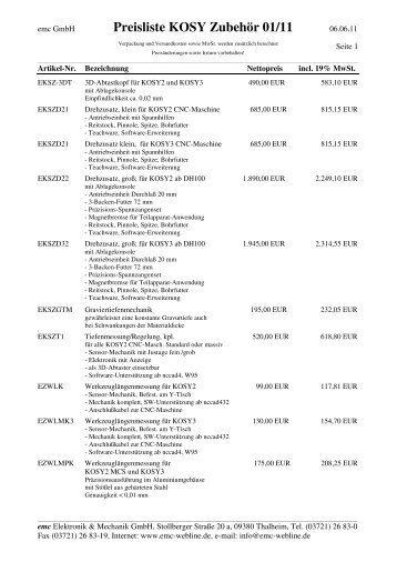 Preisliste KOSY Zubehör 01/11 - EMC - Elektronik und Mechanik ...