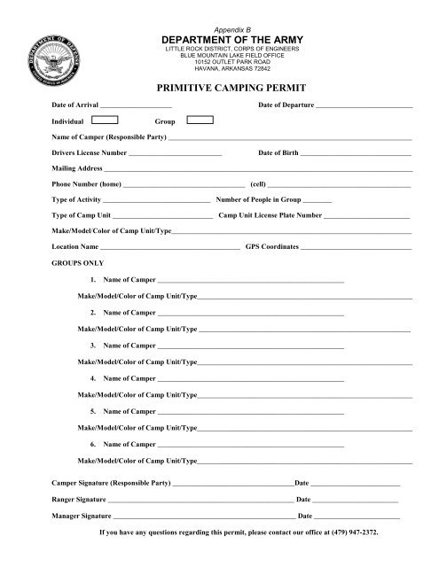 Primitive Camping Permit - Little Rock District