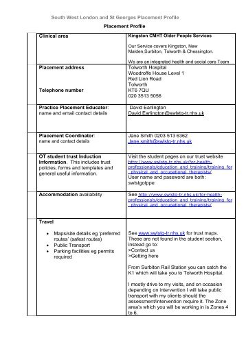 South West London and St Georges Placement Profile Placement ...