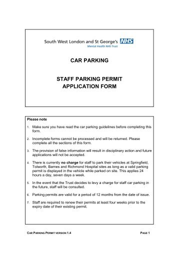 car parking staff parking permit application form - South West ...